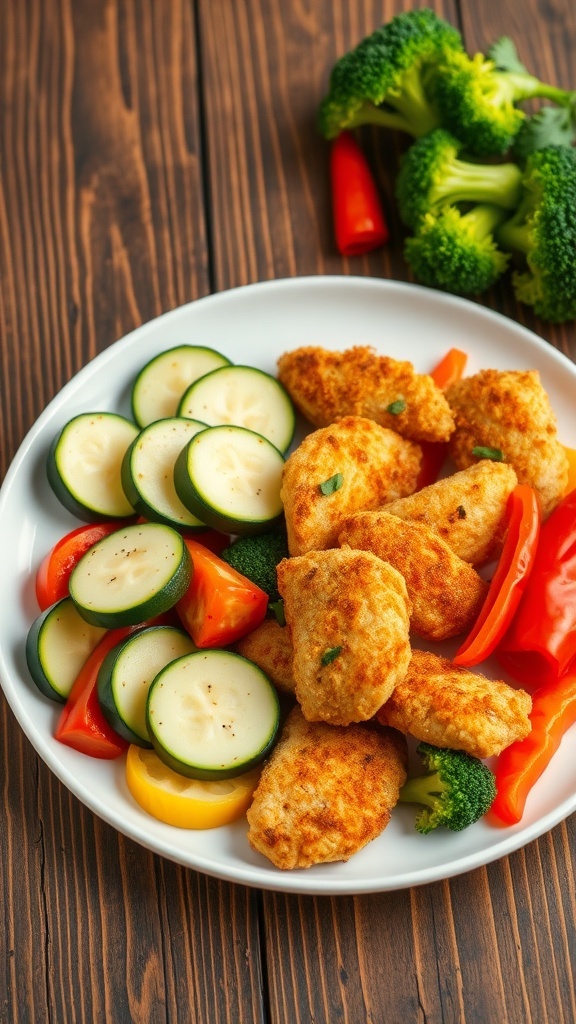 Easy Air Fryer Recipes for Diabetic-Friendly Meals Air-fried chicken strips with zucchini, bell peppers, and broccoli on a rustic wooden table.